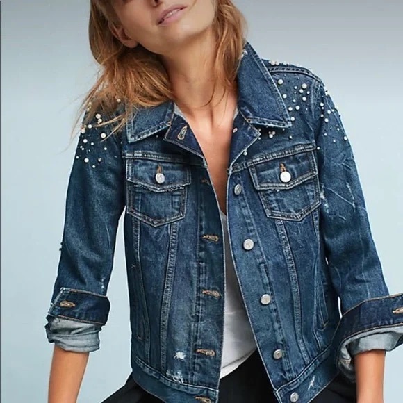 Anthropologie Jackets & Blazers - NWT Anthropologie Donovan Pearled Denim Trucker Button Down Jacket Distressed Sm
